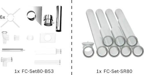 Montageset mit verschiedenen Rohren und Verbindungselementen für Abgasleitungen, geeignet für Systeme der Marke Bosch. Enthält Schacht und Adapterteile.